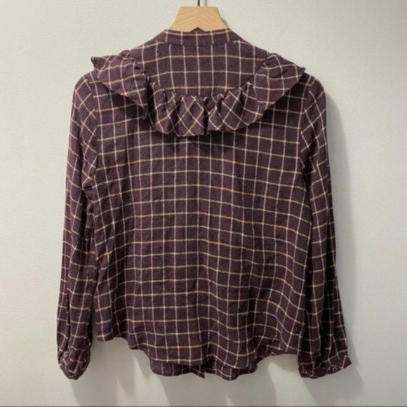 Madewell Purple Plaid Windowpane Ruffle-Front Blouse Classic Preppy - Picture 4 of 11
